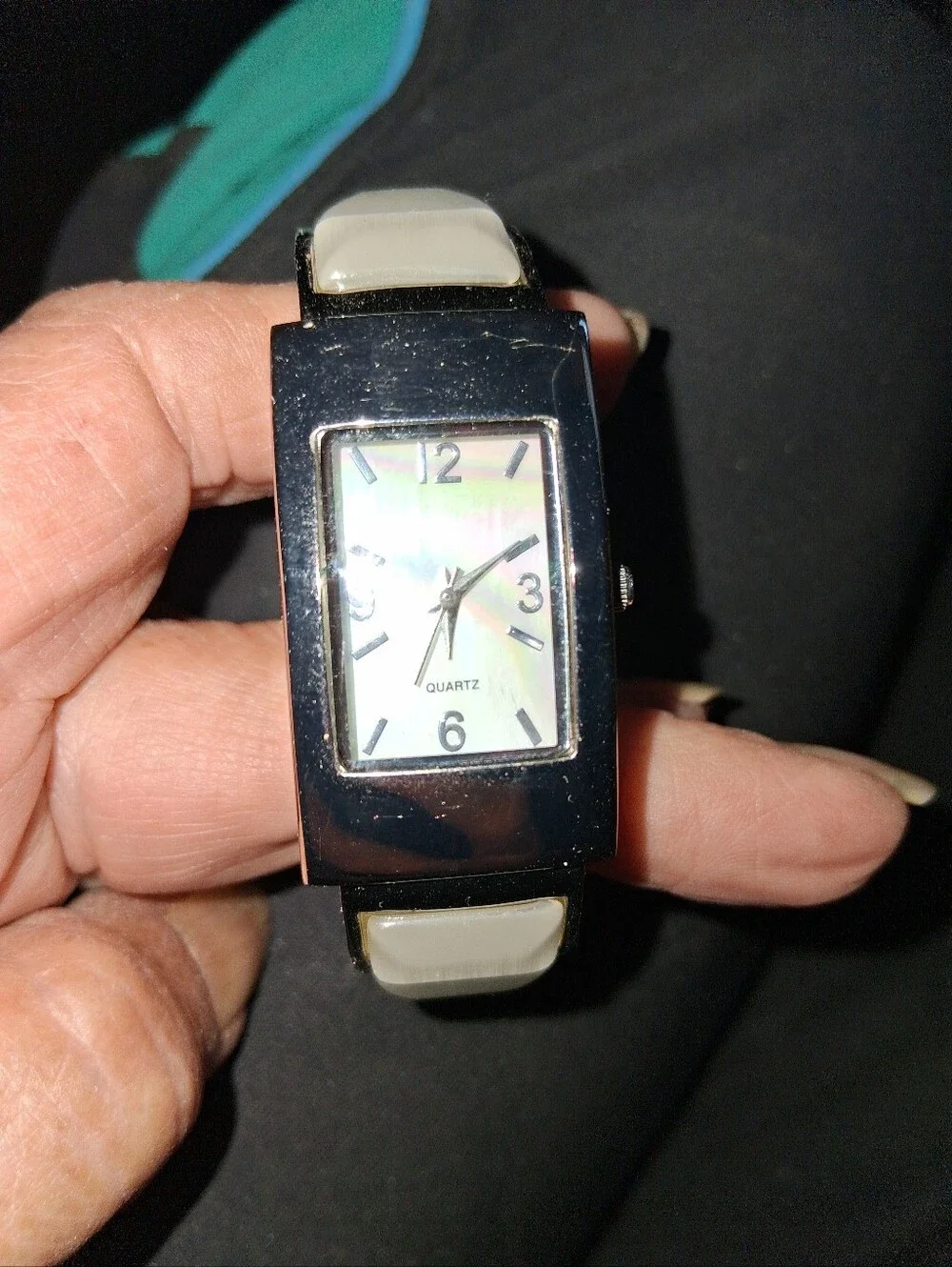 Quartz Rectangular Silver-Tone Watch with Cream Colord Stones, Bangle Style